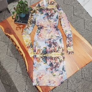 Artistic Renaissance Roman Empire Print Long Sleeve Mesh Dress